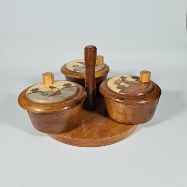 Lot de 3 Portes épices en bois palissandre et pin, décorée de marqueterie