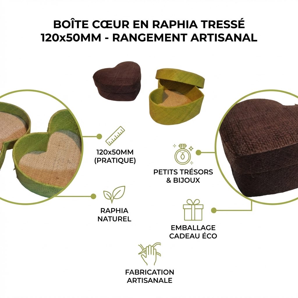 Boîte Cœur en Raphia Tressé - Rangement Artisanal Infographic