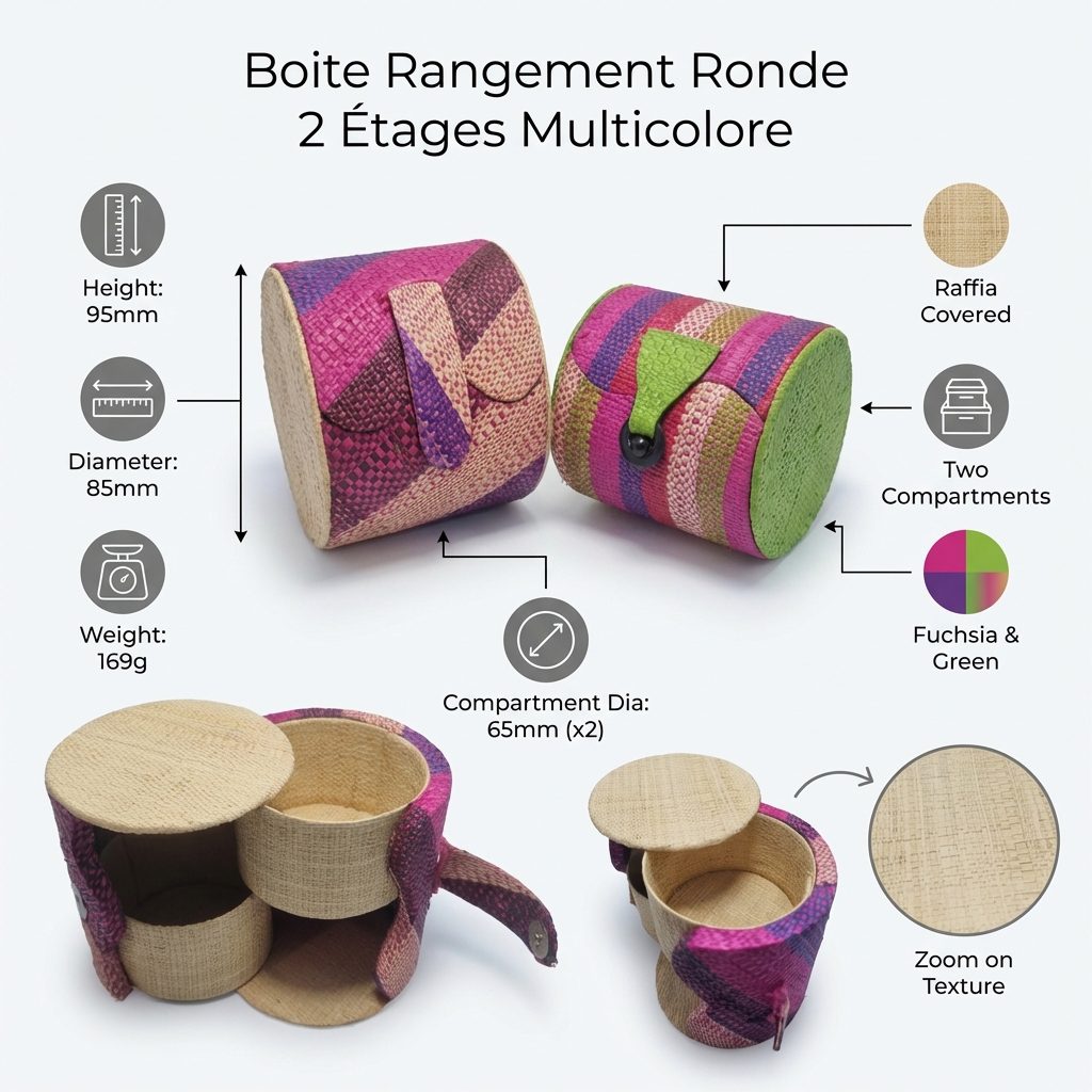 Boîte à Bijoux Ronde 2 Étages en Raphia Tressé - Multicolore Infographic