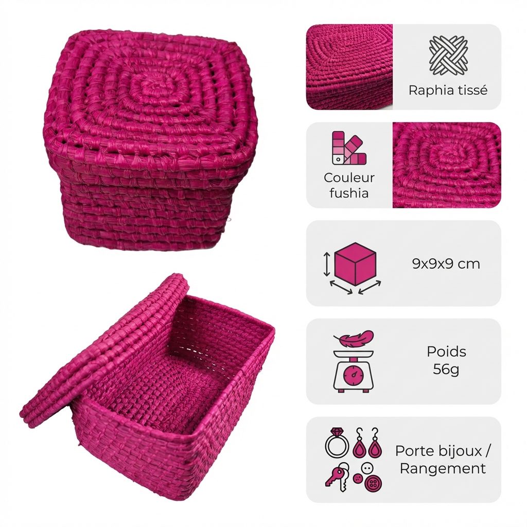 Boîte tissée en raphia - Fuschia - 9x9x9cm Infographic