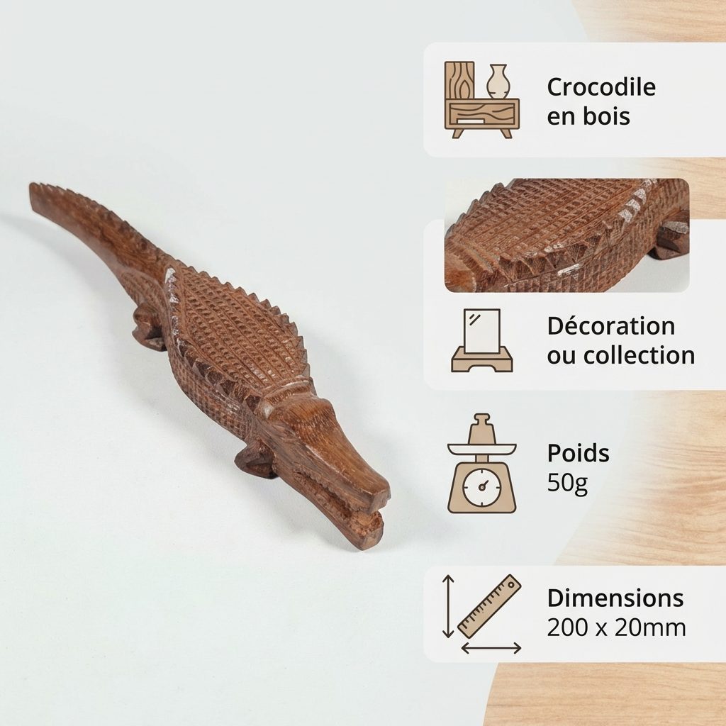 Figurine Crocodile en bois sculpté artisanal Infographic
