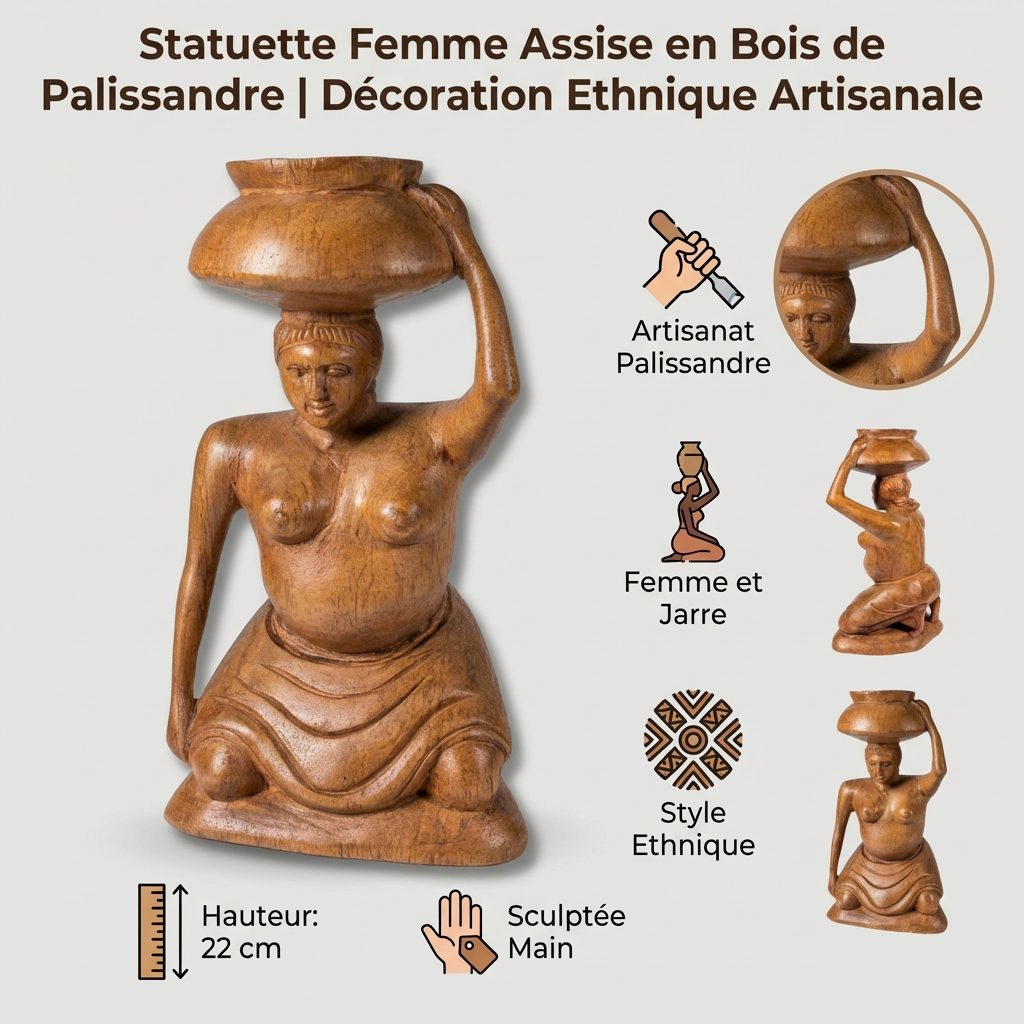 Statuette Femme Assise en Bois de Palissandre, 22 cm - Décoration Ethnique Artisanale Infographic