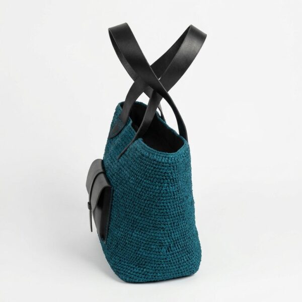 Gros sac en raphia bleu petrole