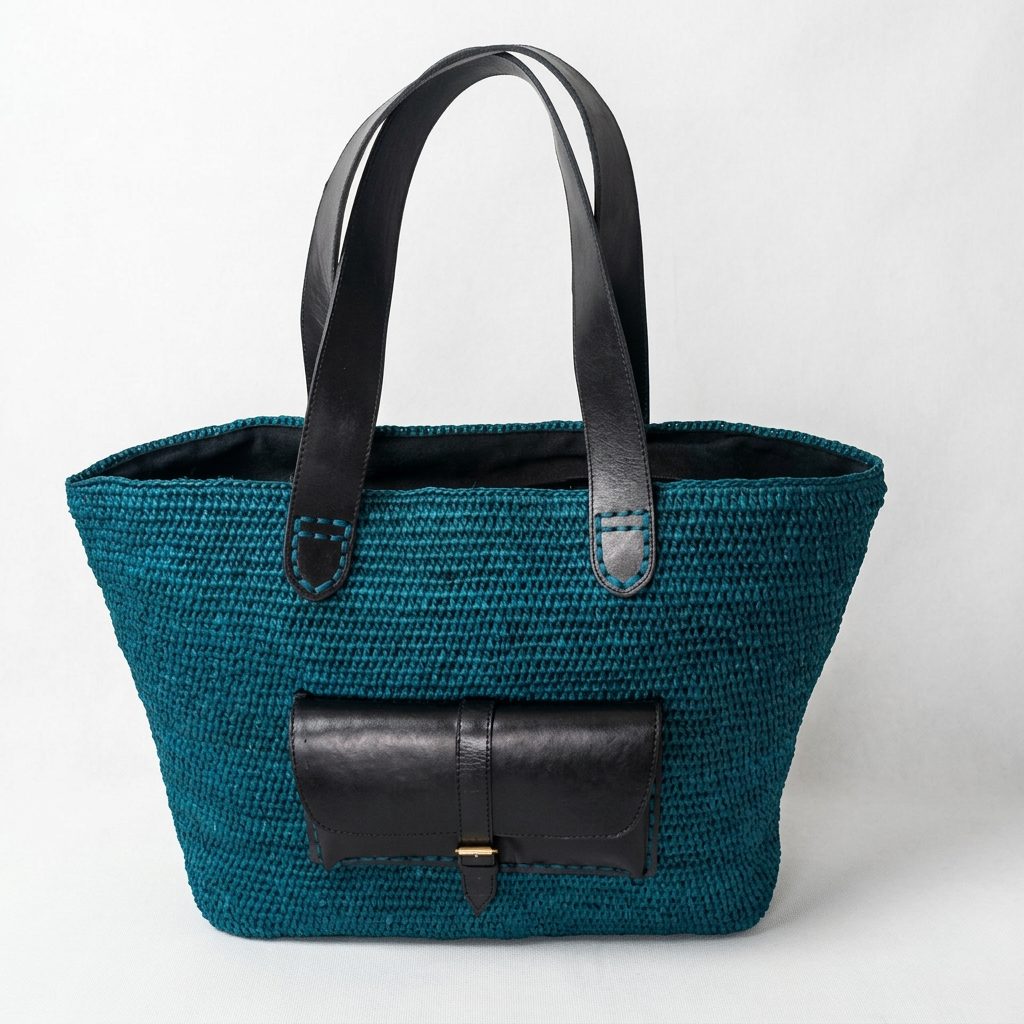 Gros sac en raphia bleu petrole