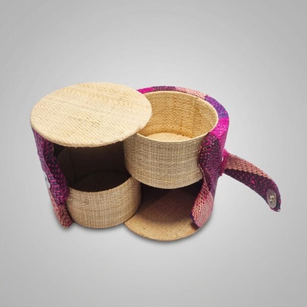 Boîte à Bijoux Ronde 2 Étages en Raphia Tressé - Multicolore