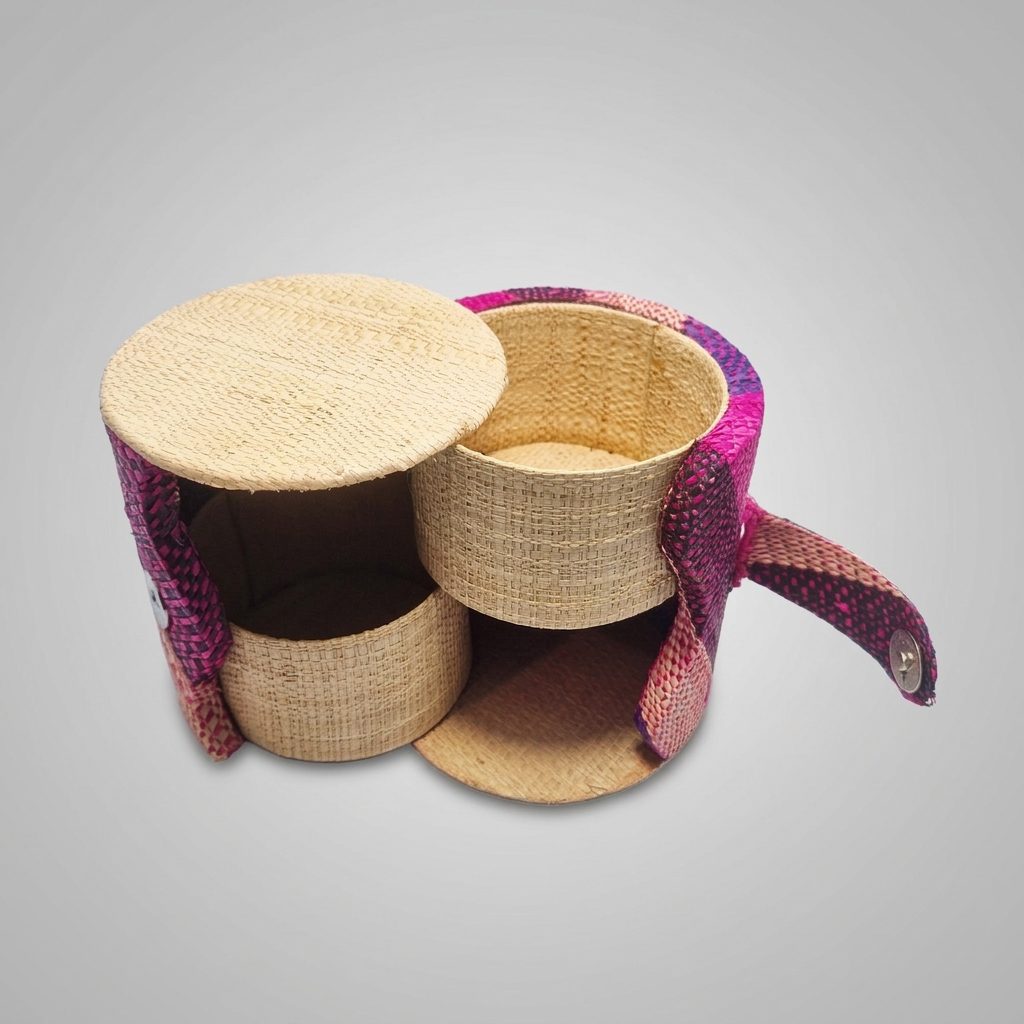 Boîte à Bijoux Ronde 2 Étages en Raphia Tressé - Multicolore
