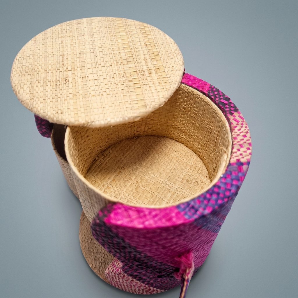 Boîte à Bijoux Ronde 2 Étages en Raphia Tressé - Multicolore