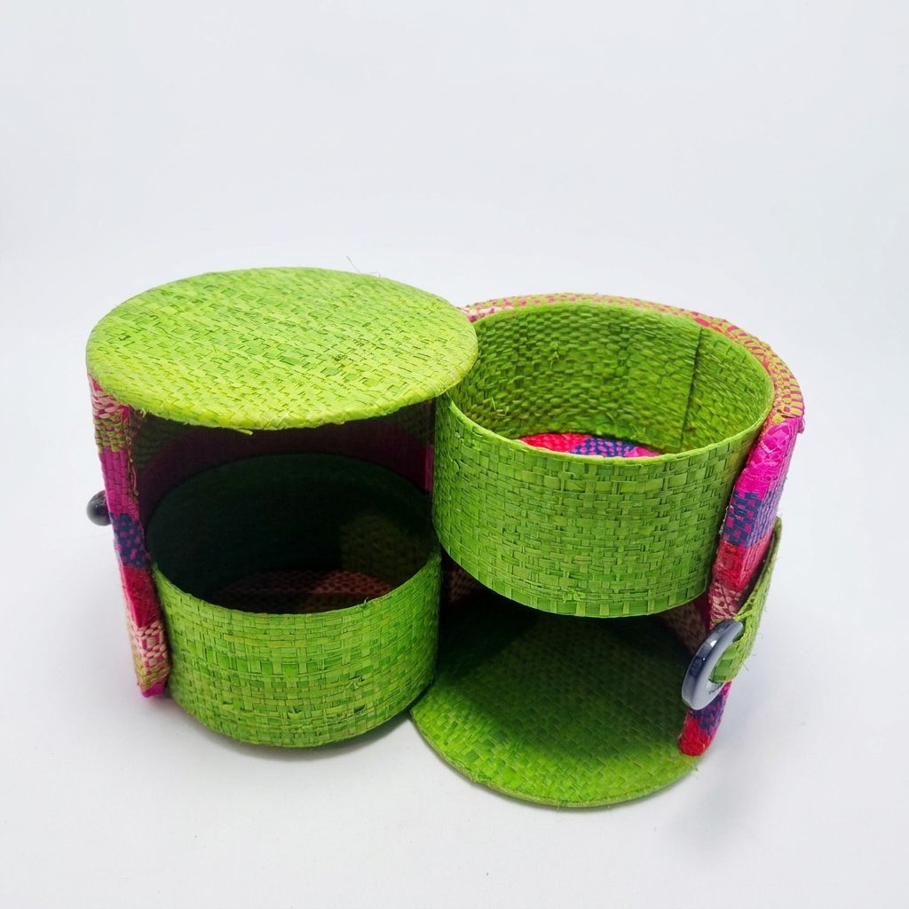 Boîte à Bijoux Ronde 2 Étages en Raphia Tressé - Multicolore