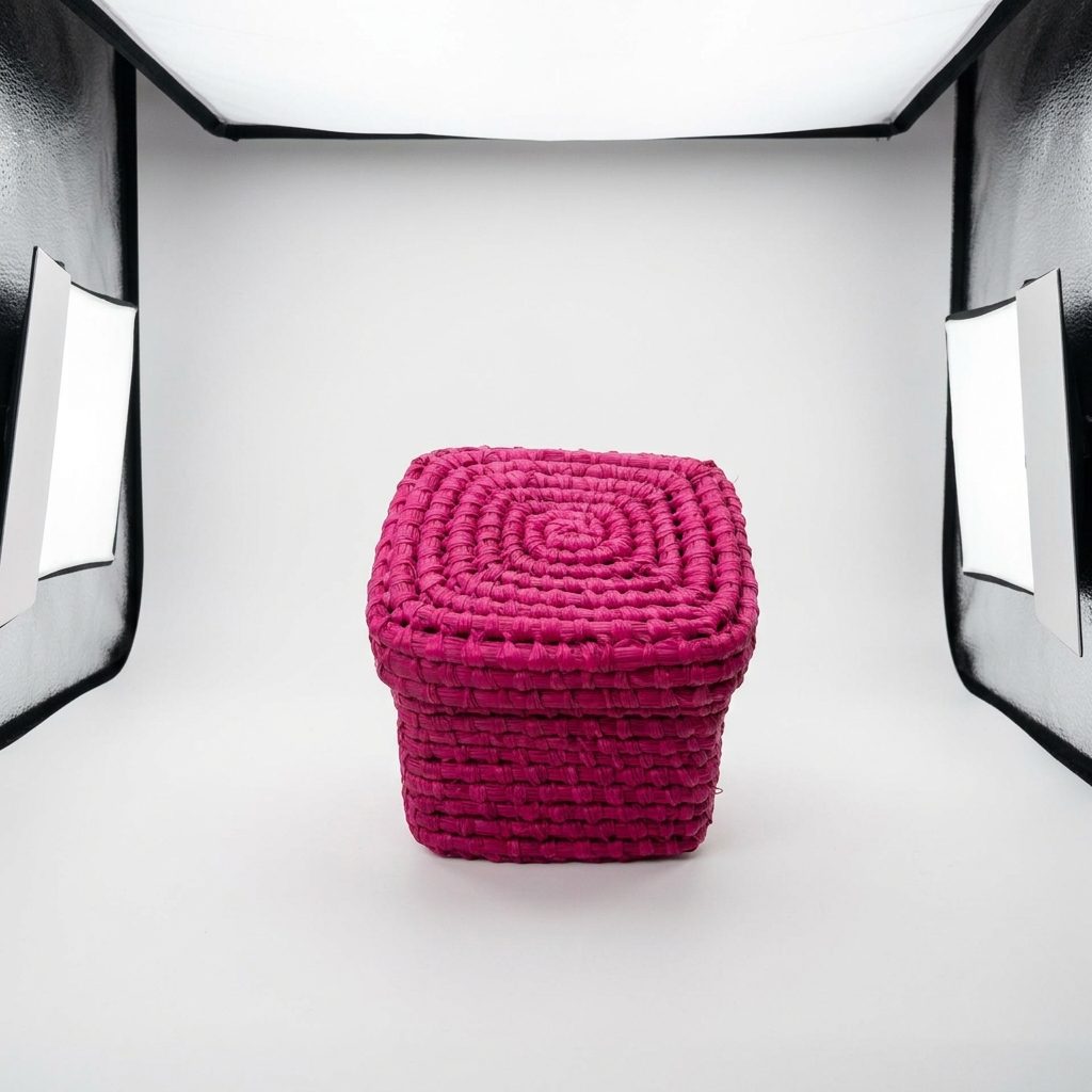 Boîte tissée en raphia - Fuschia - 9x9x9cm